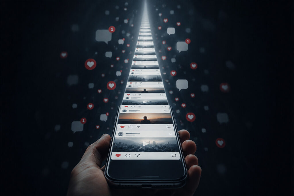 Adolescente usando su teléfono inteligente reflejando el efecto del scrolling infinito y la economía de la atención.